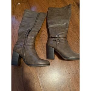 Ariel Brown Faux Leather Knee High Boots Women's 9 Chunky Heel Buckle Detail